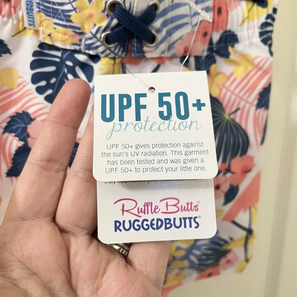 RuffleButts RuggedButts Tropical Flamingo Swim Trunks UPF 50+ Boys 6-12 Mos NWT